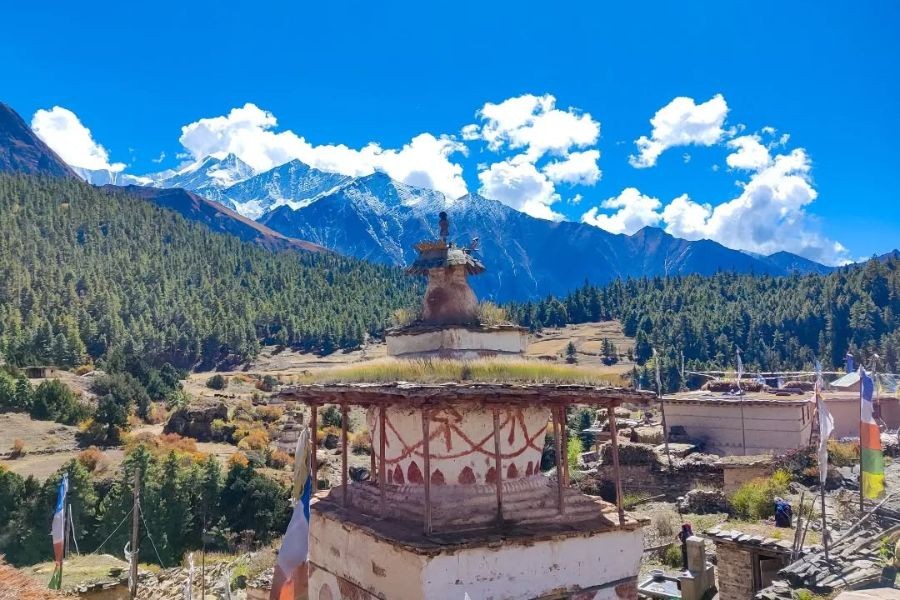Buddhist stupa with prayer flags against snow-capped mountains in Upper Dolpo